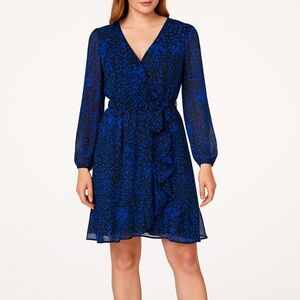 Nine West Blue Black Ruffle Surplice Faux Wrap Dress | Size 12